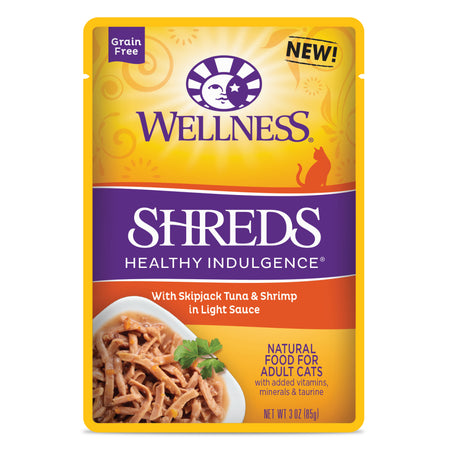 WELLNESS Healthy Indulgence Shreds with Skipjack Tuna and Shrimp - Grain Free Wet Cat Food - 85G